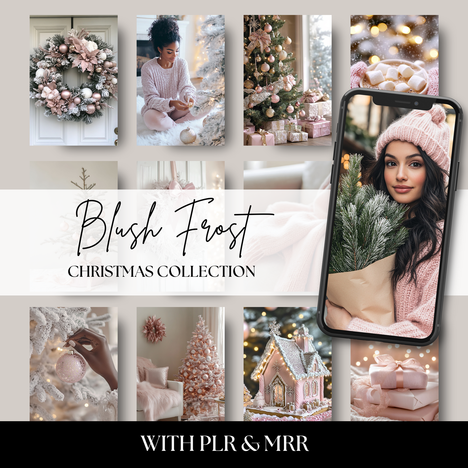 Elegant soft pink Christmas stock photos featuring frosted ornaments, pastel holiday decor, and cozy winter scenes. Perfect for feminine holiday content, bloggers, and festive branding.