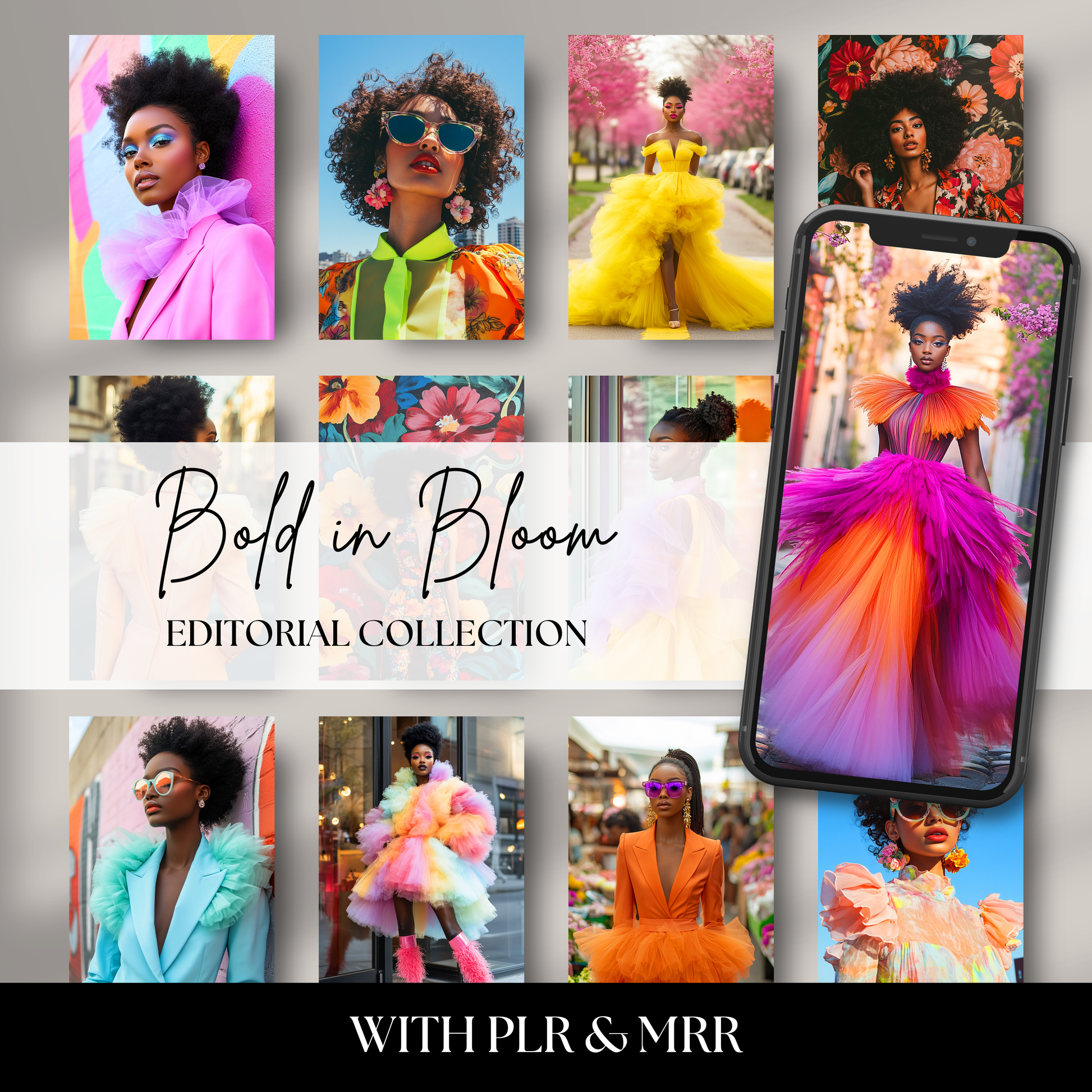 Bold in Bloom stock photo collection featuring beautiful Black women in pastel tulle suits with bright spring makeup. Perfect for fashion-forward content, social media branding, and creative visuals.