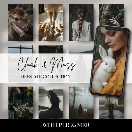 Dark cottagecore stock photo collection featuring misty forests, vintage dresses, red cloaks, white bunnies, ravens, mossy fields, and moody editorial-style photography. Perfect for bloggers, creatives, and slow-living brands.