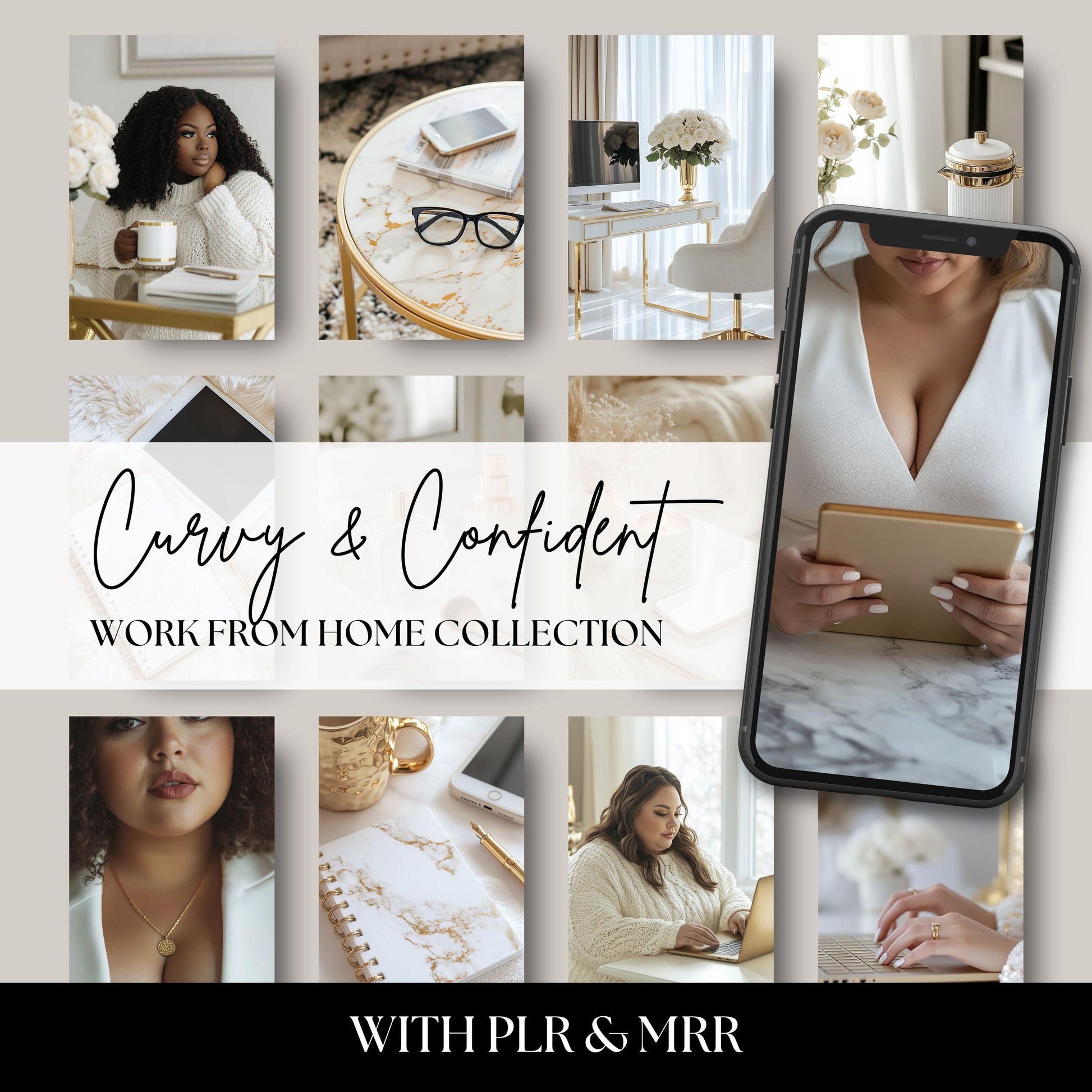 Celebrate confidence and inclusivity with our Curvy & Confident Work From Home Stock Photo Collection. Featuring plus-size women in minimalist white and gold home office settings, these high-resolution images are perfect for empowering brands, blogs, and social media content that embraces body positivity and professional elegance.