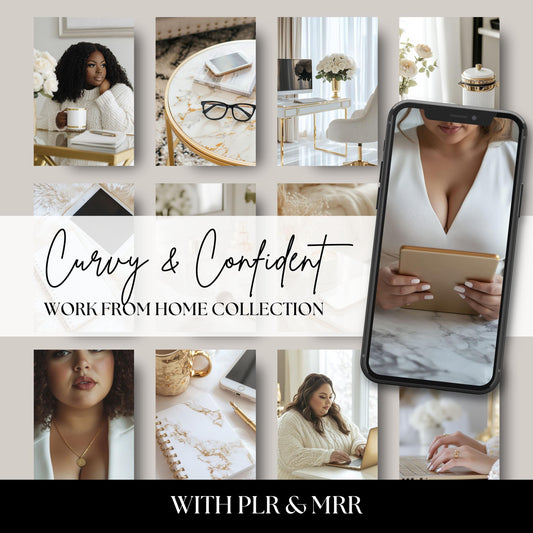 Celebrate confidence and inclusivity with our Curvy & Confident Work From Home Stock Photo Collection. Featuring plus-size women in minimalist white and gold home office settings, these high-resolution images are perfect for empowering brands, blogs, and social media content that embraces body positivity and professional elegance.