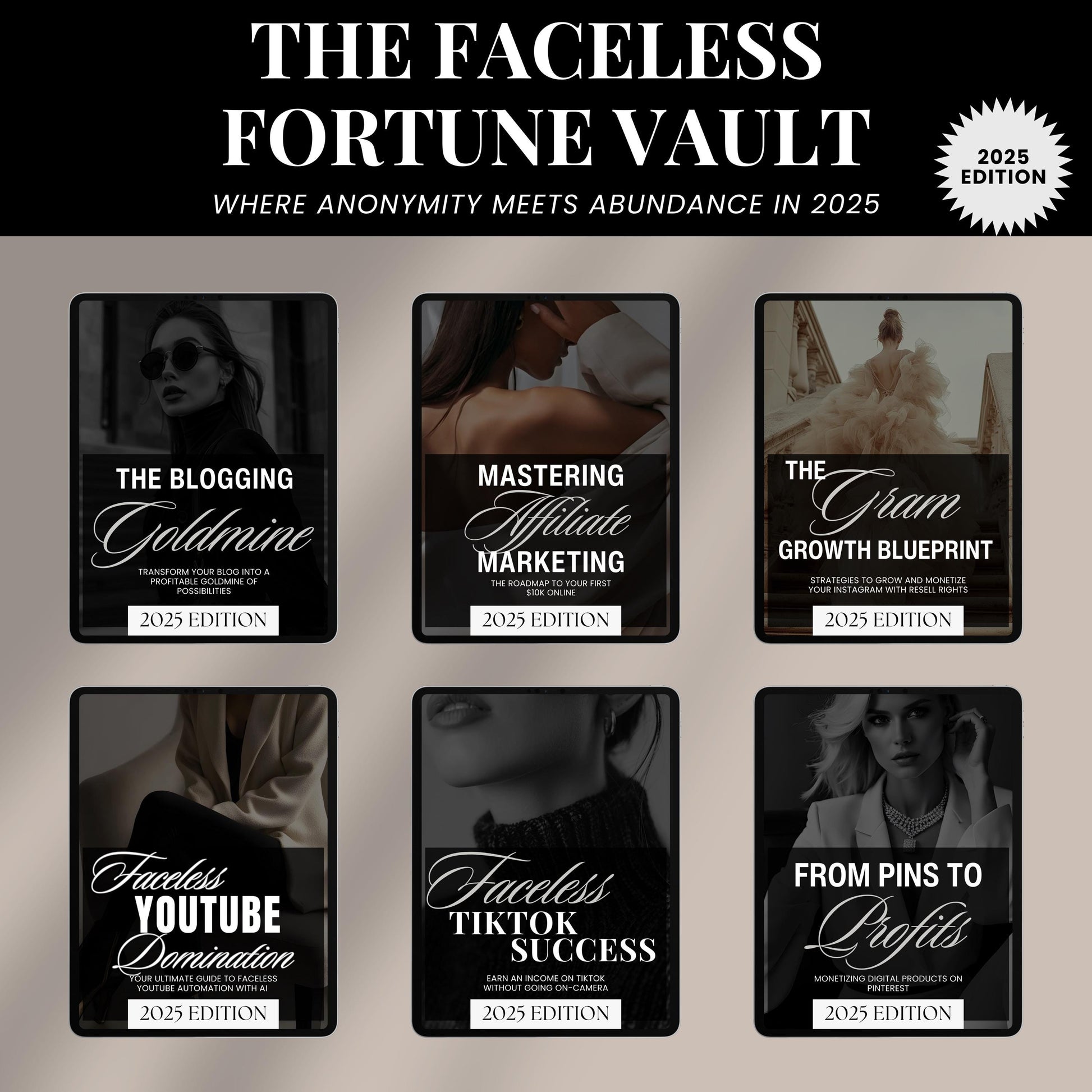 Unlock the secrets to making money online with the Faceless Fortune Vault ebook bundle! This all-in-one blueprint helps you build a profitable online business while staying behind the scenes. Inside, you'll find strategies for blogging, affiliate marketing, social media growth, and more. With bonus resources like 70 Etsy listing templates and a growth planner, this bundle has everything you need to thrive online without ever showing your face! Perfect for entrepreneurs ready to work smart, not harder.