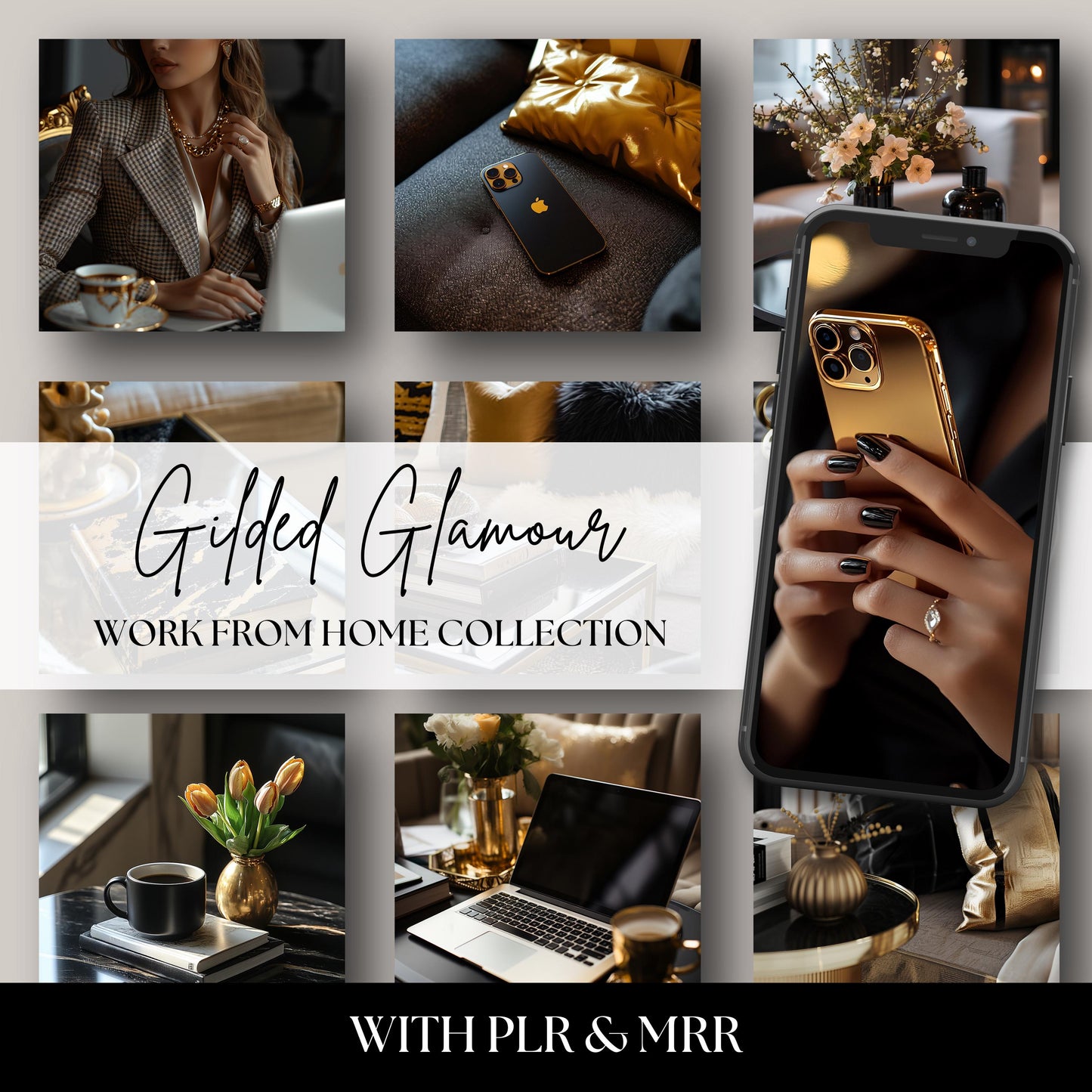 Elevate your content with the "Gilded Glamour" stock photo collection – a luxurious blend of black and gold high-resolution images designed for chic entrepreneurs, bloggers, and content creators. Perfect for work-from-home branding, digital products, and stylish social media visuals.
