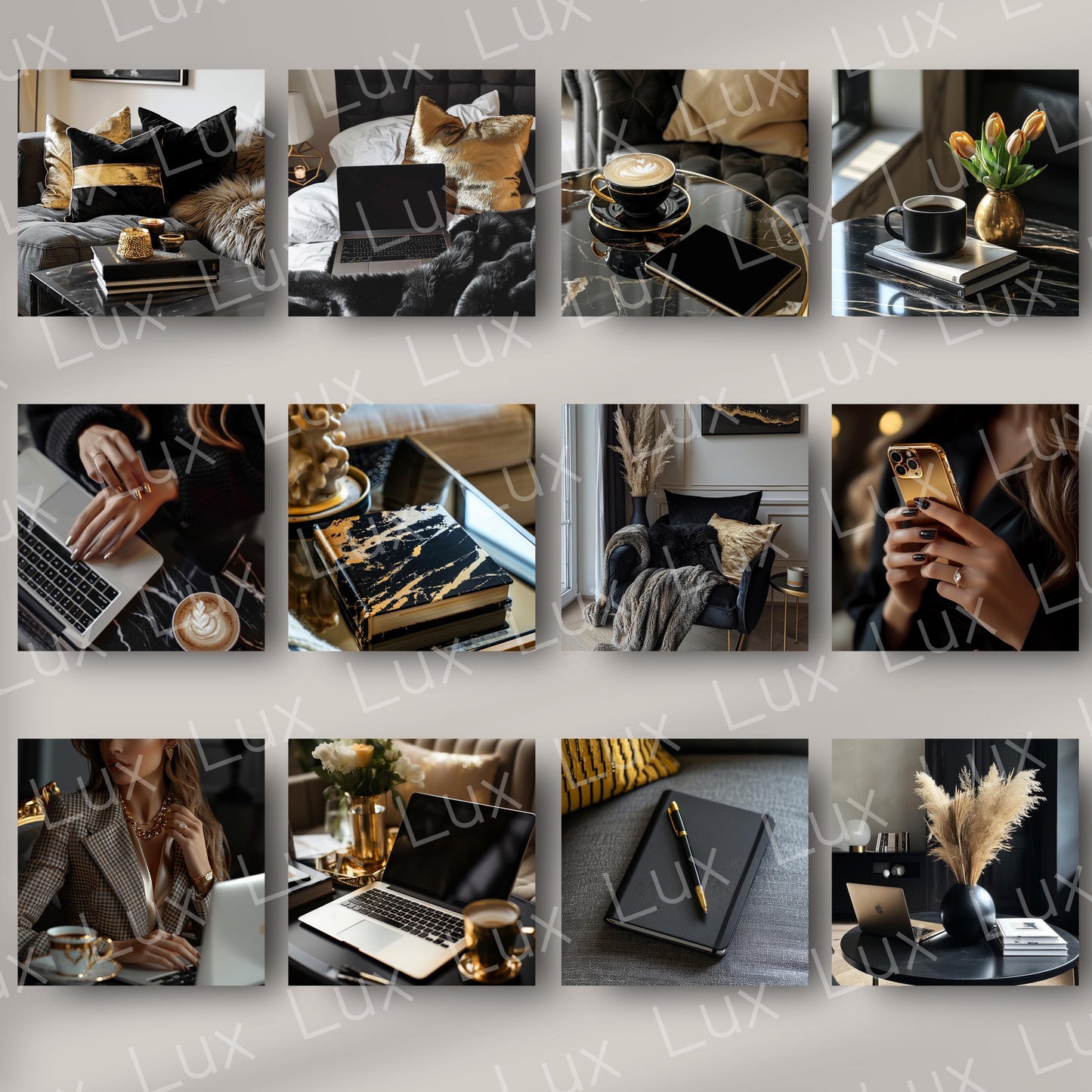Gilded Glamour: 45 Premium Black & Gold Work-from-Home Stock Photo Bundle for Elegant, High-End Branding