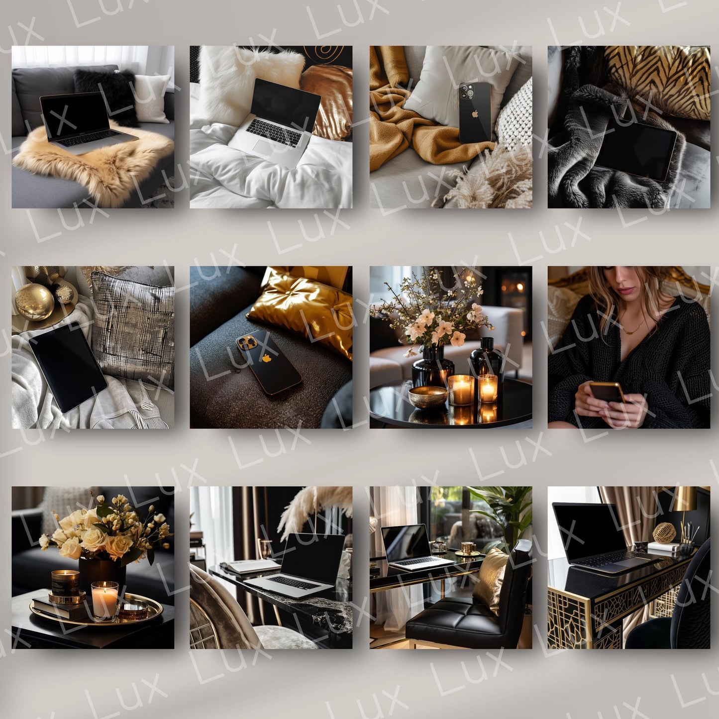 Gilded Glamour: 45 Premium Black & Gold Work-from-Home Stock Photo Bundle for Elegant, High-End Branding