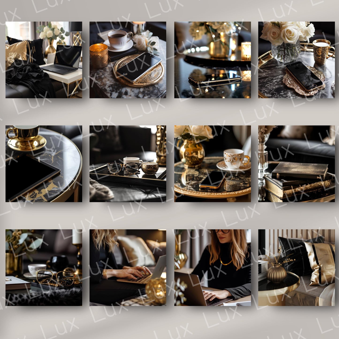 Gilded Glamour: 45 Premium Black & Gold Work-from-Home Stock Photo Bundle for Elegant, High-End Branding