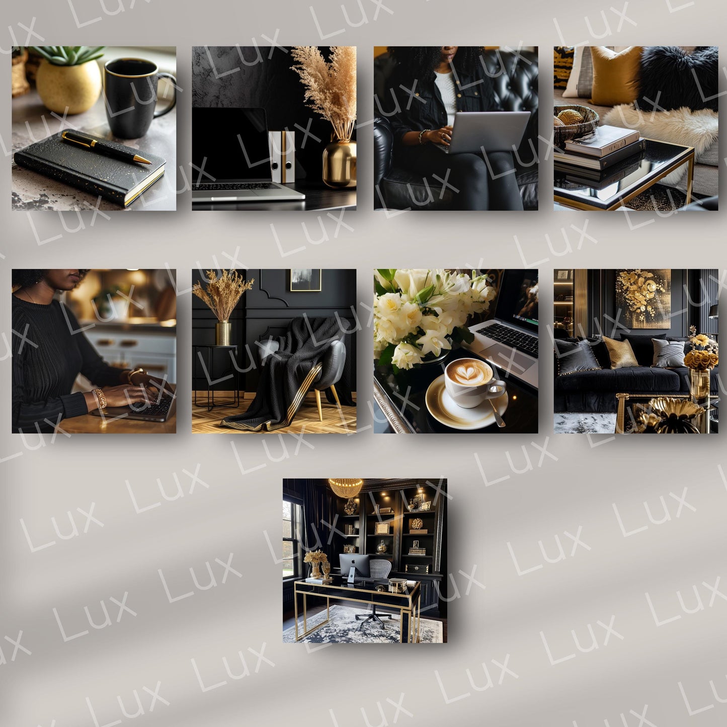 Gilded Glamour: 45 Premium Black & Gold Work-from-Home Stock Photo Bundle for Elegant, High-End Branding