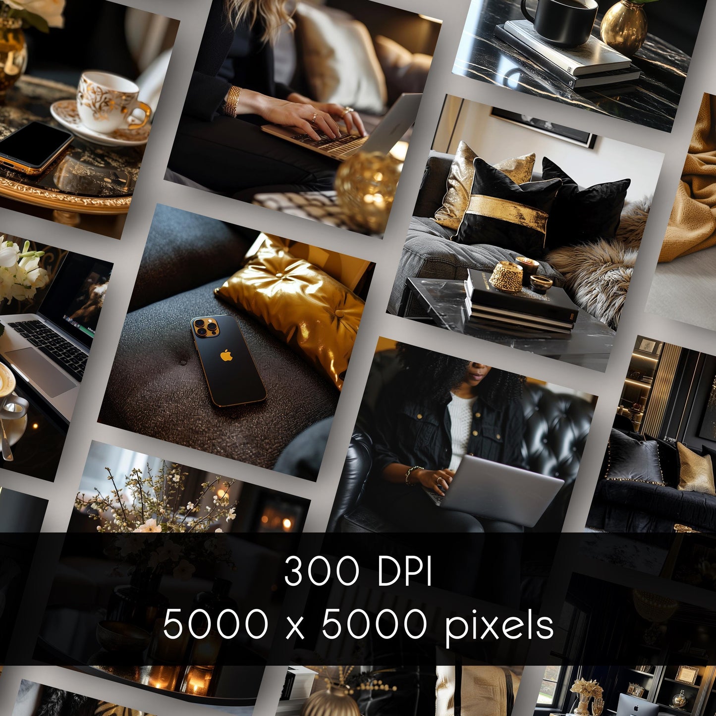 Gilded Glamour: 45 Premium Black & Gold Work-from-Home Stock Photo Bundle for Elegant, High-End Branding