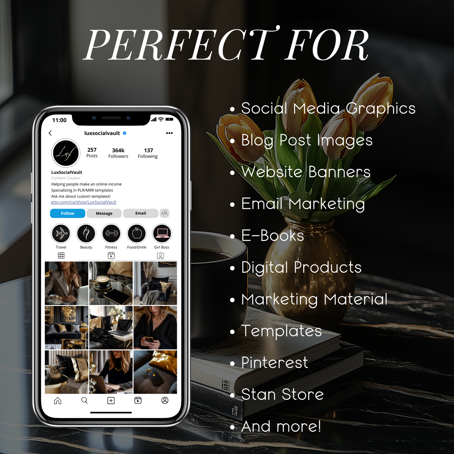 Gilded Glamour: 45 Premium Black & Gold Work-from-Home Stock Photo Bundle for Elegant, High-End Branding