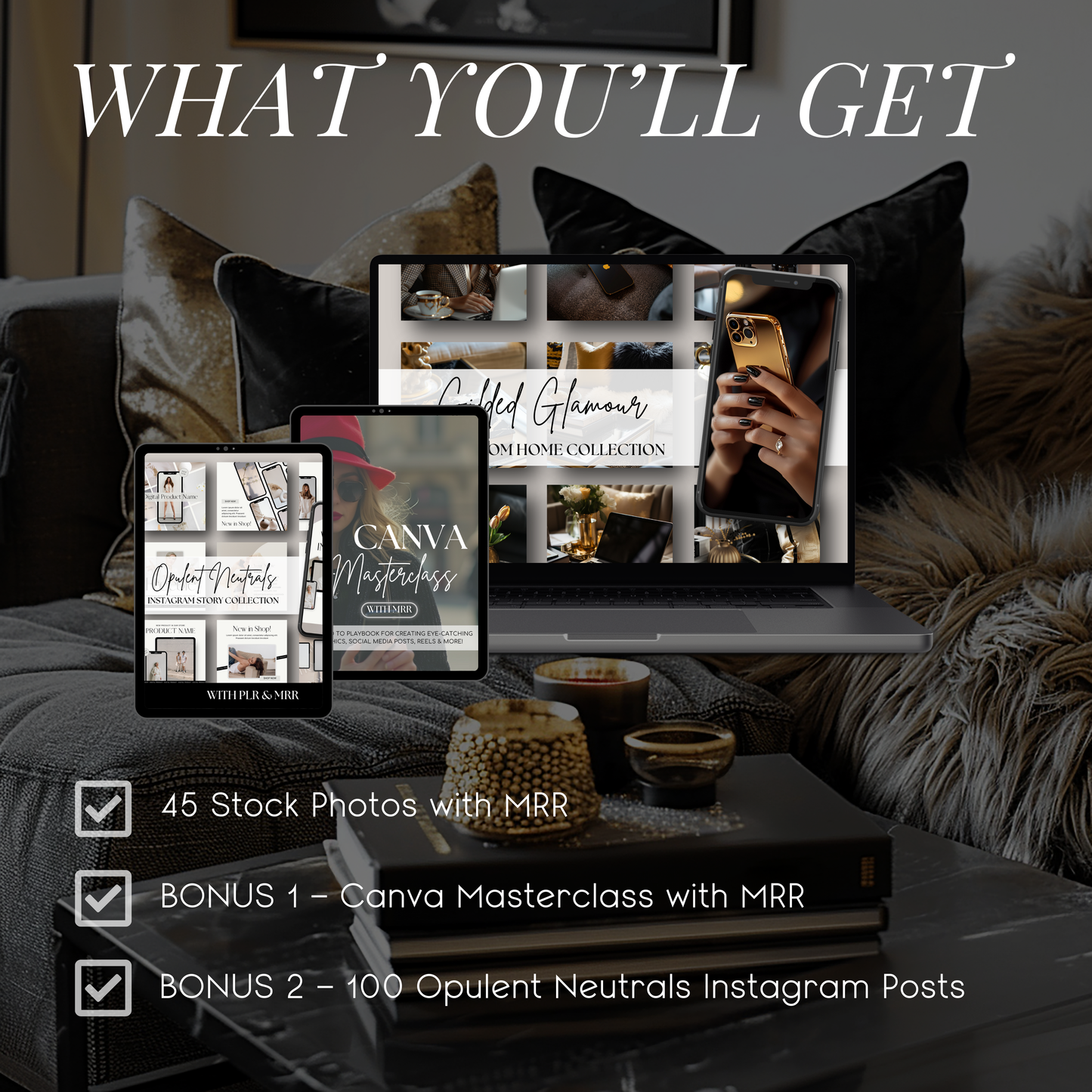 Gilded Glamour: 45 Premium Black & Gold Work-from-Home Stock Photo Bundle for Elegant, High-End Branding