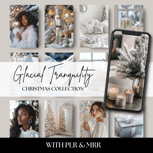 Glacial Christmas stock photo collection featuring elegant white and silver holiday decor, frosted pine accents, cozy winter scenes, and minimal flat lays—perfect for bloggers, social media, and festive branding.