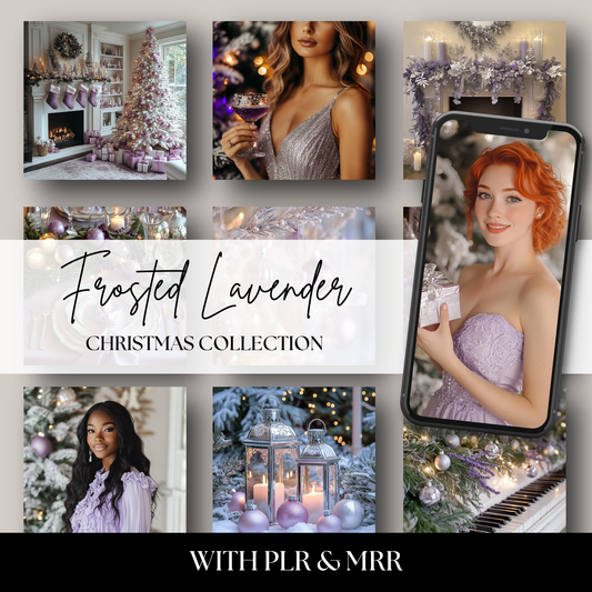 Elegant lavender, silver, and white Christmas stock photo collection featuring winter holiday decor, feminine gift wrapping, frosted trees, cozy flat lays, and modern seasonal aesthetic for content creators and small business marketing.