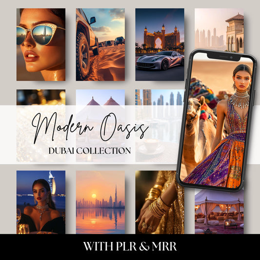 Modern Oasis Dubai Stock Photo Collection featuring luxury desert vibes, elegant women, camel rides, palm trees, 4x4 vehicles, high fashion, and golden hour light. Perfect for bloggers, travel content, and luxury lifestyle branding.