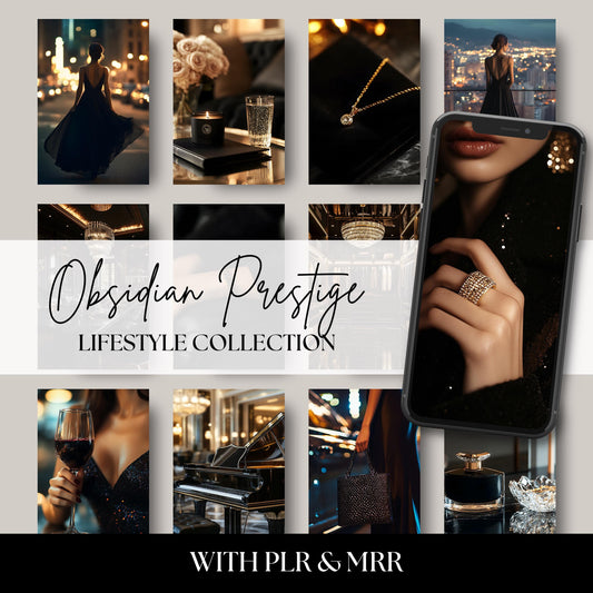 Obsidian Prestige lifestyle stock photo collection featuring 45 high-resolution luxury images in dark, moody tones. Perfect for bloggers, creatives, and businesses seeking a modern, elegant aesthetic with master resell rights.