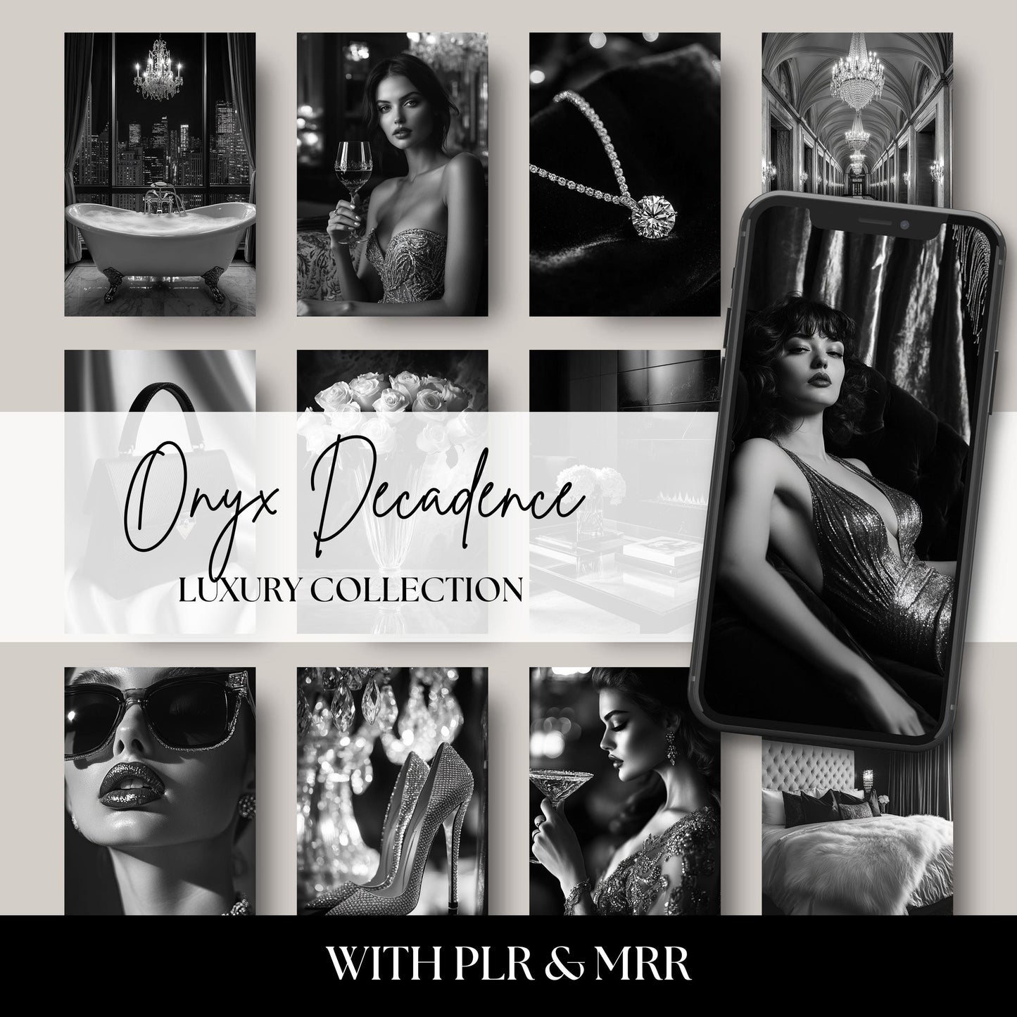 Elegant black and white luxury stock photo collection for creatives and entrepreneurs. The Onyx Decadence bundle features high-resolution monochrome lifestyle images perfect for websites, branding, and social media. Add timeless sophistication to your content with bold, minimalist visuals designed to elevate your brand.