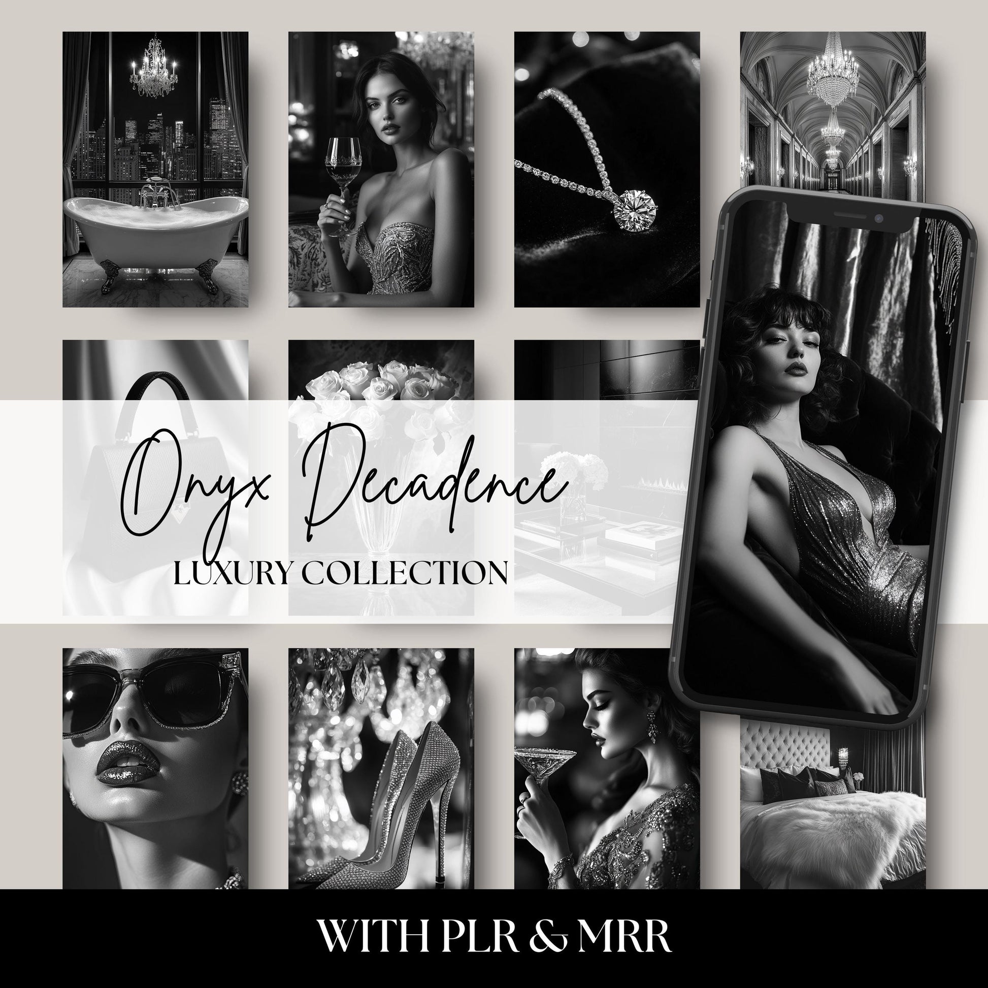 Elegant black and white luxury stock photo collection for creatives and entrepreneurs. The Onyx Decadence bundle features high-resolution monochrome lifestyle images perfect for websites, branding, and social media. Add timeless sophistication to your content with bold, minimalist visuals designed to elevate your brand.