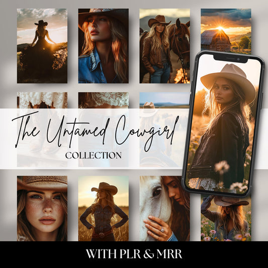 The Untamed Cowgirl Stock Photo Collection – 45 Western-style images featuring cowgirls in denim, boots, and hats with horses, hay bales, and golden hour light. Perfect for rustic branding and country content.