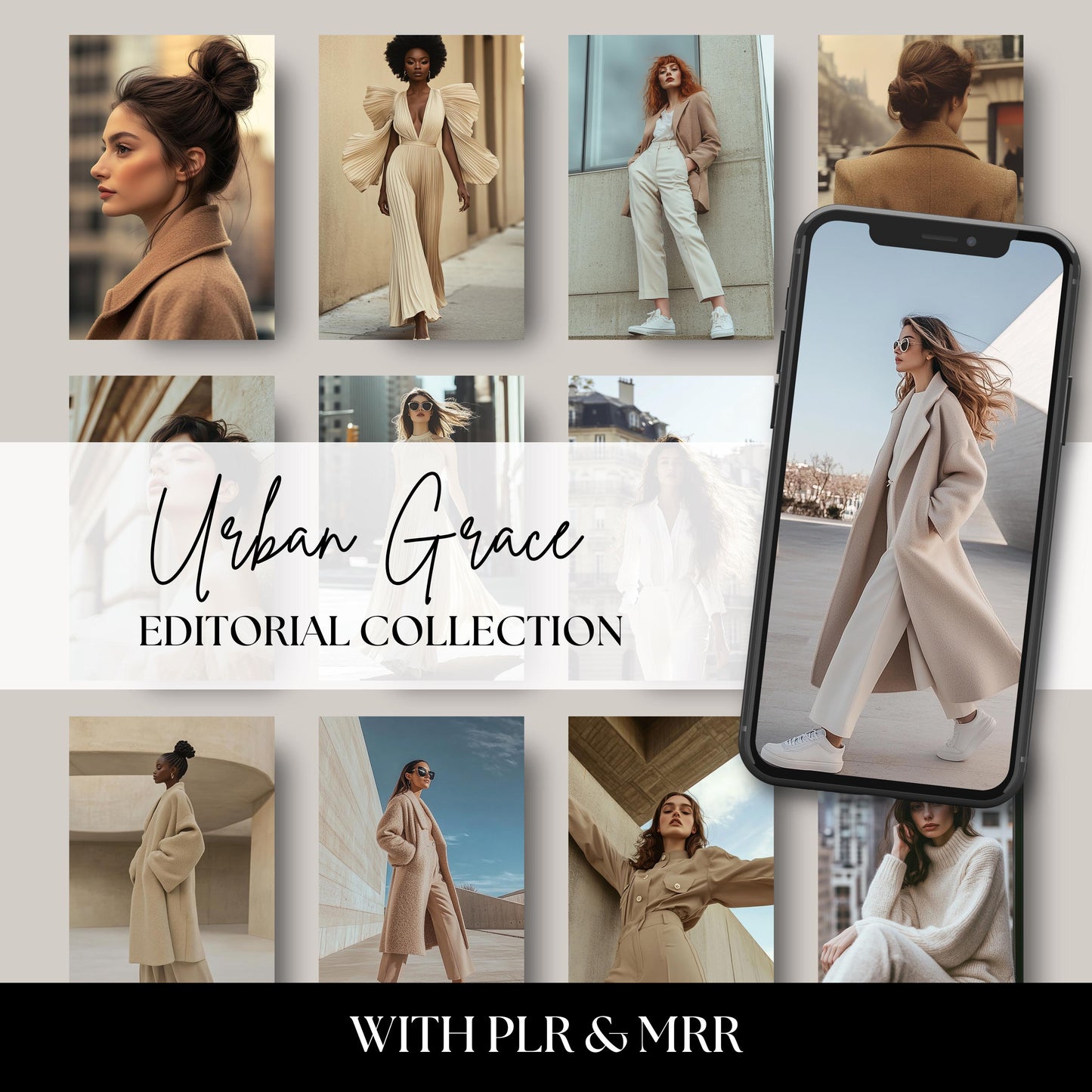 Urban Grace high fashion stock photo collection featuring stylish women in editorial poses set against modern cityscapes, skyscrapers, and architectural backdrops. Perfect for luxury branding, fashion blogs, and social media content with an elevated urban vibe.