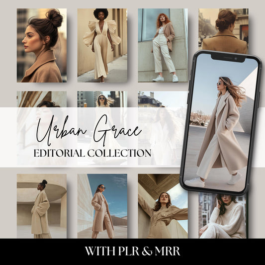 Urban Grace high fashion stock photo collection featuring stylish women in editorial poses set against modern cityscapes, skyscrapers, and architectural backdrops. Perfect for luxury branding, fashion blogs, and social media content with an elevated urban vibe.